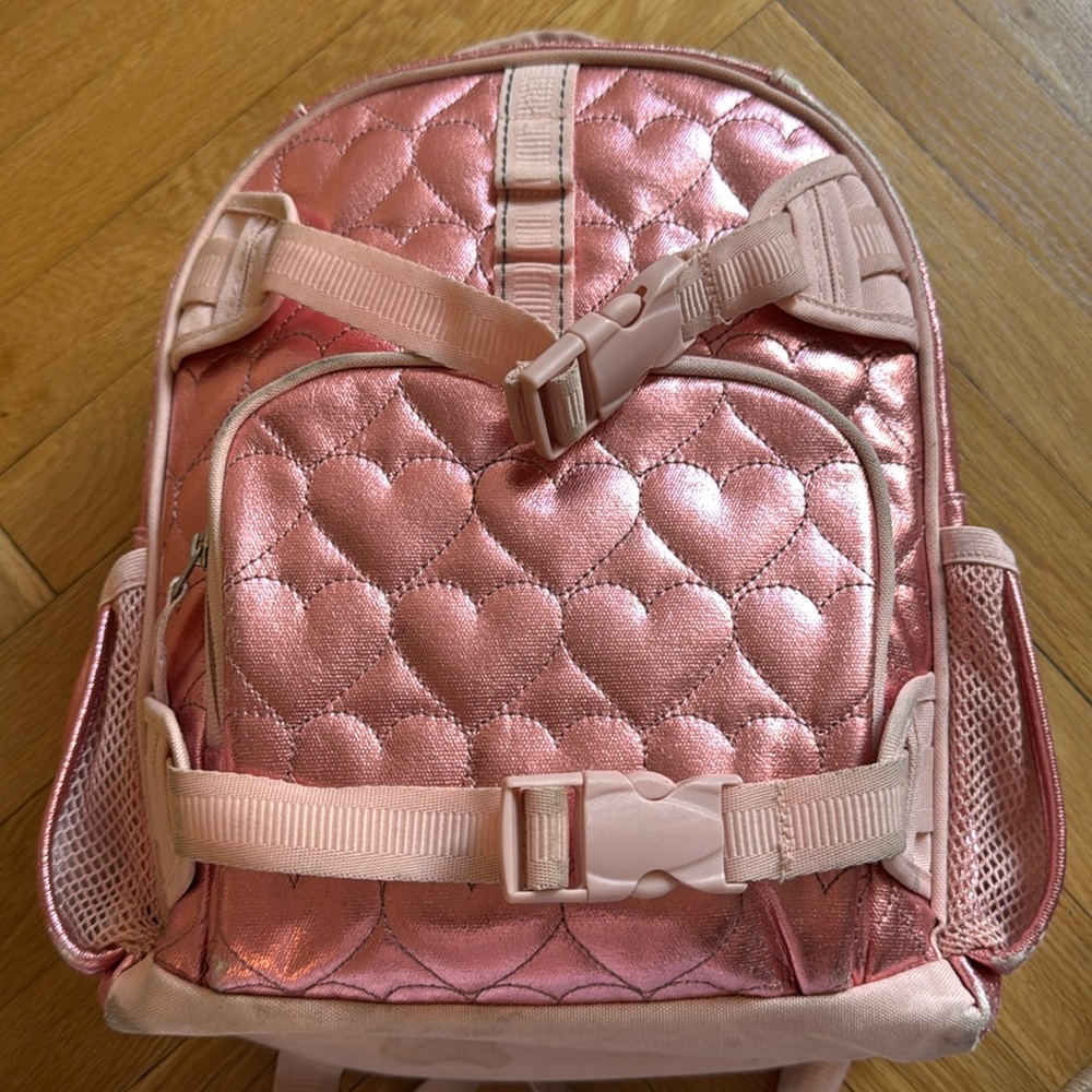 Pottery Barn pink metallic hearts backpack in small size (toddlers)